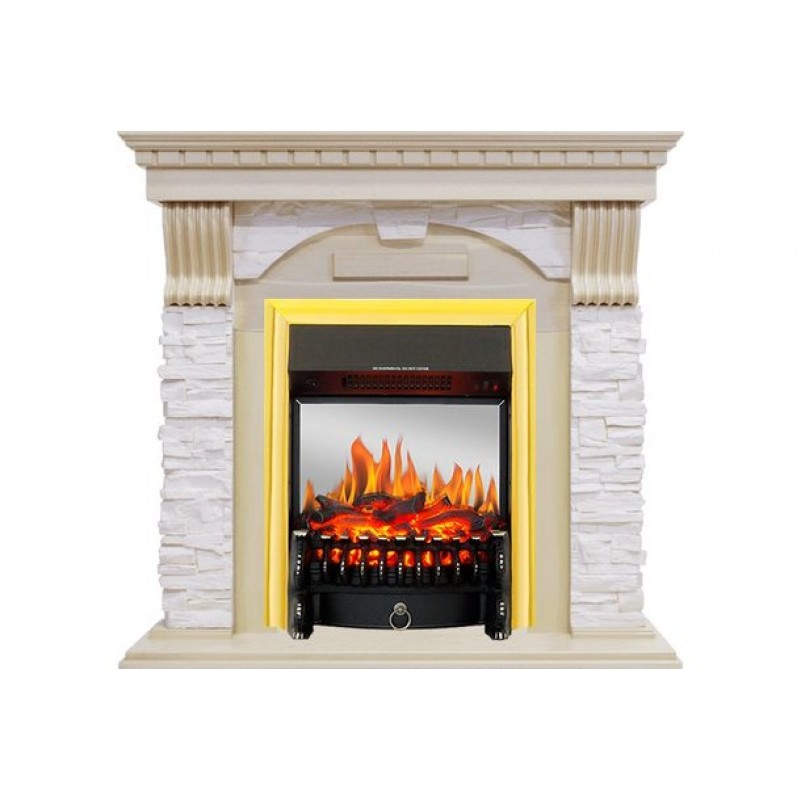 Royal Flame - Каминокомплект Dublin - Слоновая кость с патиной / Сланец крем с очагом Fobos FX M Brass