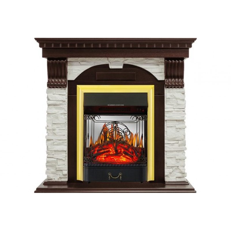 Royal Flame - Каминокомплект Dublin - Темный дуб / Сланец белый с очагом Majestic FX M Brass